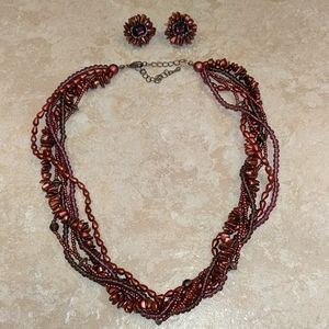 Multi strand metallic red necklace and earrings